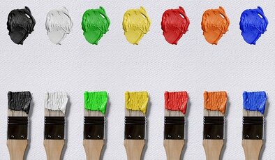 Picture of seven paint brushes on a white background. They each have a color on them. Black, white, green, yellow, red, orange and blue are the colors on the brushes. 